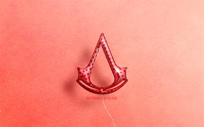 4K, Assassins Creed 3D logo, arte, bal&#245;es realistas rosa, logotipo Assassins Creed, fundos rosa, Assassins Creed