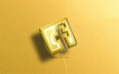 Facebookin 3D-logo, keltaiset realistiset ilmapallot, 4k, sosiaaliset verkostot, Facebook-logo, keltaiset kivitaustat, Facebook