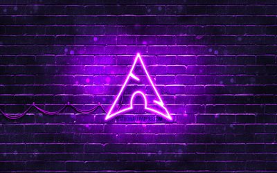 Arch Linux violet logo, 4k, OS, violet brickwall, Arch Linux logo, Linux, Arch Linux neon logo, Arch Linux