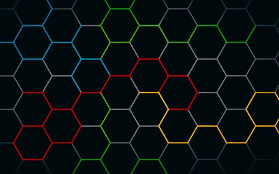 hexagones color&#233;s, textures abstraites, minimalisme, motifs d&#39;hexagones, textures d&#39;hexagones, arri&#232;re-plans gris, nid d&#39;abeille, fond avec hexagones