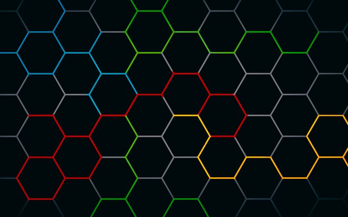 f&#228;rgglada hexagoner, abstrakta strukturer, minimalism, hexagoner m&#246;nster, hexagoner texturer, gr&#229; bakgrunder, bikaka, bakgrund med hexagoner