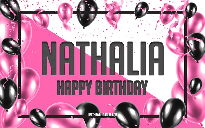 Happy Birthday Nathalia, Birthday Balloons Background, Nathalia, wallpapers with names, Nathalia Happy Birthday, Pink Balloons Birthday Background, greeting card, Nathalia Birthday