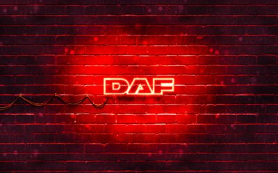 DAF red logo, 4k, red brickwall, DAF logo, cars brands, DAF neon logo, DAF