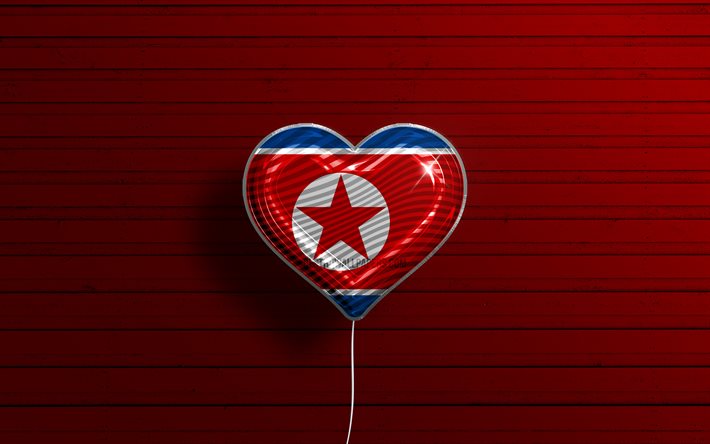 Amo la Corea del Nord, 4k, palloncini realistici, sfondo di legno rosso, paesi asiatici, cuore della bandiera nordcoreana, paesi preferiti, bandiera della Corea del Nord, palloncino con bandiera, bandiera nordcoreana, Corea del Nord, amore Corea del Nord
