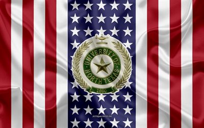 emblem der universit&#228;t von nordtexas, amerikanische flagge, logo der universit&#228;t von nordtexas, denton, texas, usa, universit&#228;t von nordtexas