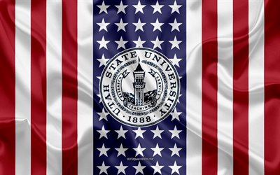 Utah State University Emblem, American Flag, Utah State University logo, Logan, Utah, USA, Utah State University