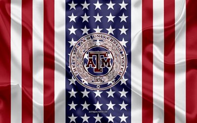 Texas A&M University Emblem, American Flag, Texas A&M University logo, College Station, Texas, USA, Texas AM University
