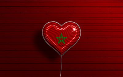 ich liebe marokko, 4k, realistische luftballons, roter h&#246;lzerner hintergrund, afrikanische l&#228;nder, marokkanisches flaggenherz, lieblingsl&#228;nder, flagge von marokko, ballon mit flagge, marokkanische flagge, marokko, liebe marokko