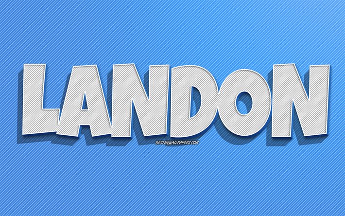 Landon, fond de lignes bleues, fonds d&#39;&#233;cran avec noms, nom Landon, noms masculins, carte de voeux Landon, dessin au trait, photo avec nom Landon