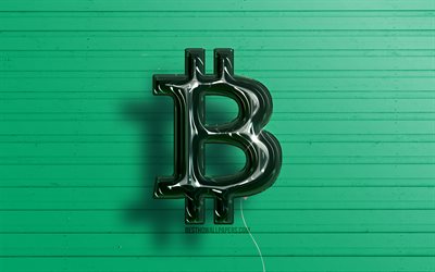 ビットコイン3Dロゴ, 4K, 濃い緑色のリアルな風船, 仮想通貨, ビットコインのロゴ, 緑の木製の背景, ビットコイン