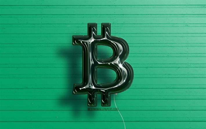 Bitcoin 3D logo, 4K, dark green realistic balloons, cryptocurrency, Bitcoin logo, green wooden backgrounds, Bitcoin