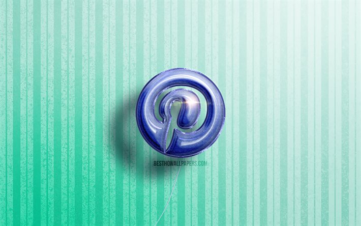 4k, logo Pinterest 3D, palloncini blu realistici, social network, logo Pinterest, sfondi in legno blu, Pinterest
