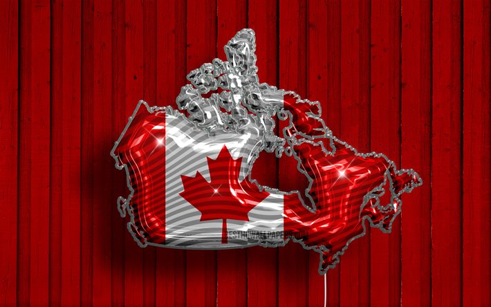 Carte de ballons r&#233;alistes du Canada, 4k, Silhouette du Canada, cartes 3D, carte du Canada, drapeau canadien, fond en bois rouge, ballon avec carte canadienne, cr&#233;ative, carte du Canada 3D, carte canadienne
