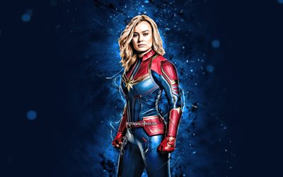 Captain Marvel, 4k, n&#233;ons bleus, super-h&#233;ros, Marvel Comics, Carol Danvers, Captain Marvel 4K