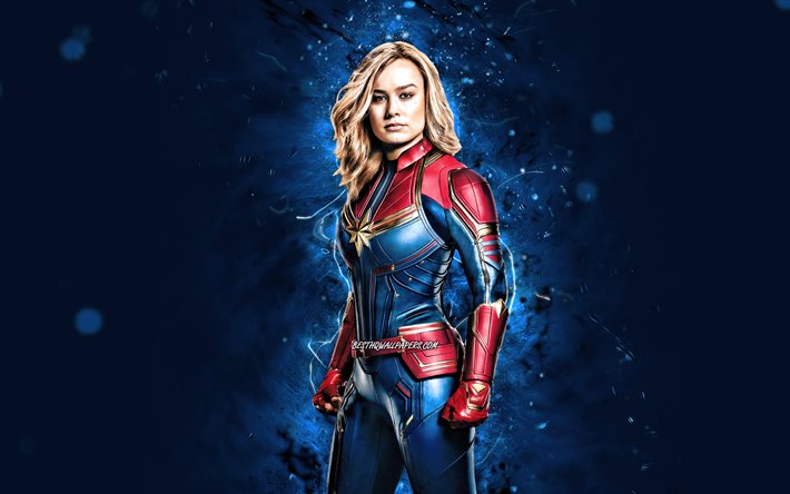 Capit&#227;o Marvel, 4k, luzes de n&#233;on azuis, super-her&#243;is, Marvel Comics, Carol Danvers, Capit&#227;o Marvel 4K