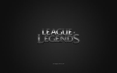 League of Legends, gioco popolare, logo argento League of Legends, sfondo grigio in fibra di carbonio, logo League of Legends, emblema League of Legends