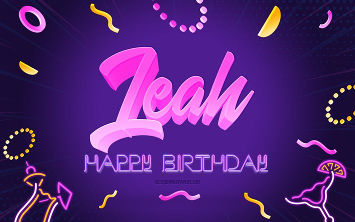 Happy Birthday Leah, 4k, Purple Party Background, Leah, creative art, Happy Leah birthday, Leah name, Leah Birthday, Birthday Party Background