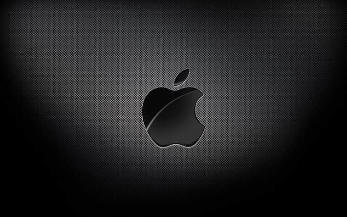 4k, Apple siyah logosu, siyah ızgara arka planları, markalar, Apple logosu, grunge sanat, Apple
