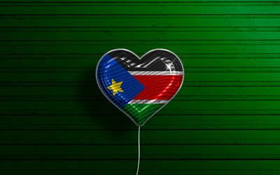 I Love South Sudan, 4k, realistic balloons, green wooden background, African countries, South Sudanese flag heart, favorite countries, flag of South Sudan, balloon with flag, South Sudanese flag, South Sudan, Love South Sudan