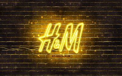 Logo giallo H e M, 4k, muro di mattoni giallo, logo H e M, marchi di moda, logo neon H e M, H e M