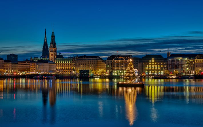 Hamburg, 4k, alman şehirleri, Noel ağacı, gece manzaraları, Almanya, Avrupa, şehir manzaraları