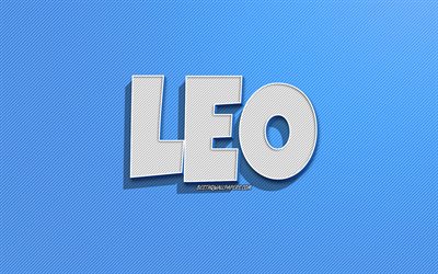 Leo, fond de lignes bleues, fonds d&#39;&#233;cran avec noms, nom Leo, noms masculins, carte de voeux Leo, dessin au trait, photo avec nom Leo