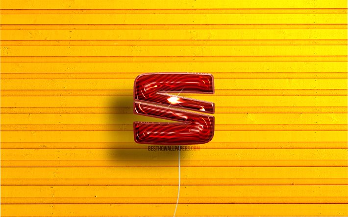 Seat logo, 4K, red realistic balloons, cars brands, Seat 3D logo, yellow wooden backgrounds, Seat