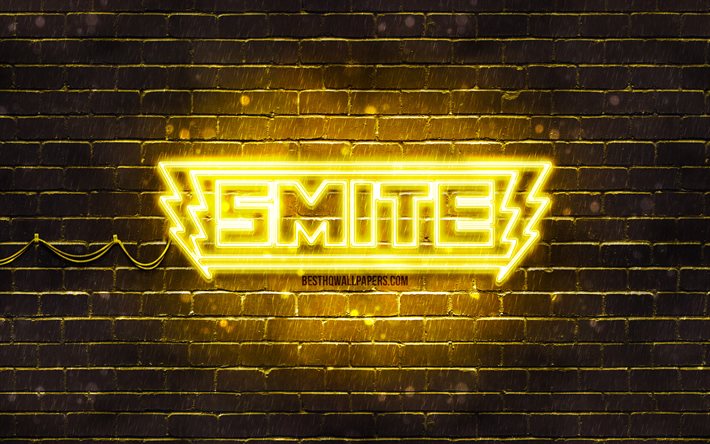Logotipo amarelo Smite, 4k, parede de tijolos amarelos, logotipo Smite, criativo, logotipo Smite neon, MOBA, Smite