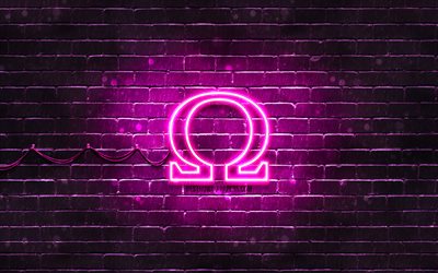 Omega purple logo, 4k, purple brickwall, Omega logo, fashion brands, Omega neon logo, Omega