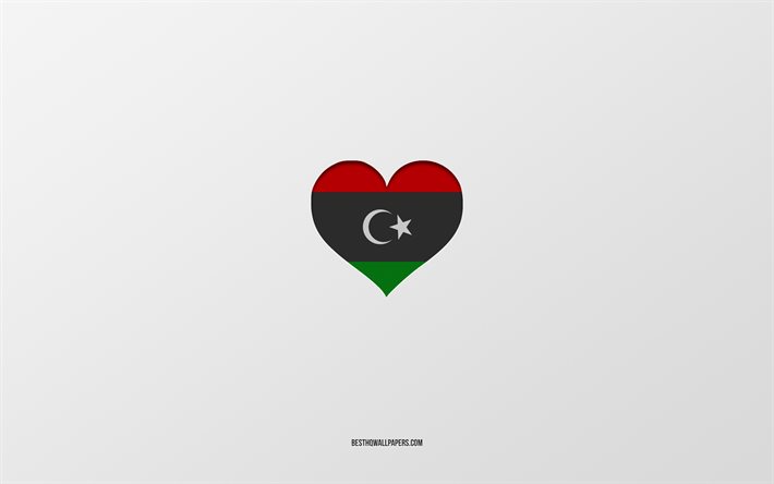 J&#39;aime la Libye, les pays d&#39;Afrique, la Libye, le fond gris, le coeur du drapeau de la Libye, le pays pr&#233;f&#233;r&#233;, l&#39;amour la Libye