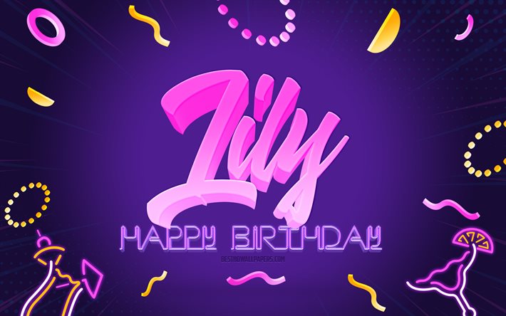 Hyv&#228;&#228; syntym&#228;p&#228;iv&#228;&#228; Lily, 4k, Purple Party Background, Lily, creative art, Happy Lily birthday, Lily name, Lily Birthday, Birthday Party Background