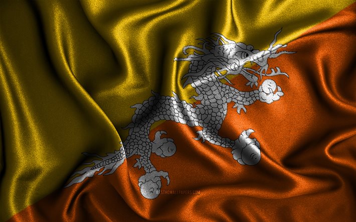 Bhutan flag, 4k, silk wavy flags, Asian countries, national symbols, Flag of Bhutan, fabric flags, 3D art, Bhutan, Asia, Bhutan 3D flag
