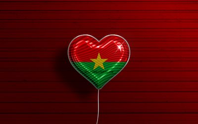 Jag &#228;lskar Burkina Faso, 4k, realistiska ballonger, r&#246;d tr&#228;bakgrund, afrikanska l&#228;nder, Burkina Fasos flagghj&#228;rta, favoritl&#228;nder, Burkina Fasos flagga, ballong med flagga, Burkina Faso, Love Burkina Faso