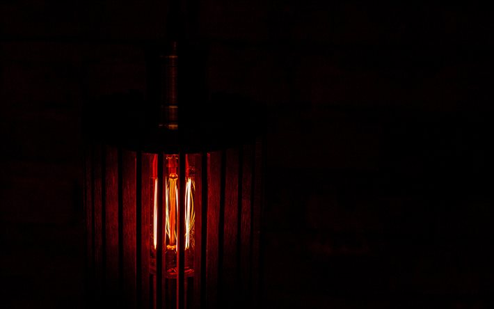 lamppu, musta tausta, Edison-lamppu, antiikkilamput, pimeys, palava edison-lamppu