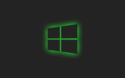 緑のWindowsロゴ, 灰色の背景, Windowsの緑色のライトのロゴ, Windowsの緑のエンブレム, Windows, ミニマル, Windowsロゴ