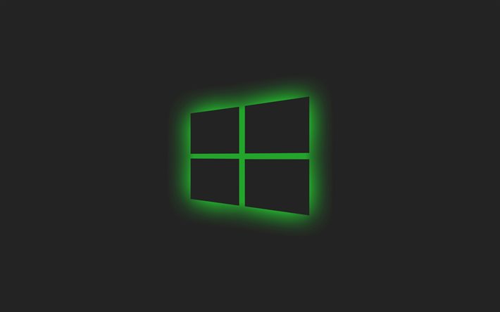 Green Windows logo, gray background, Windows green light logo, Windows green emblem, Windows, minimalism, Windows logo