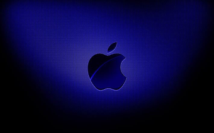 4k, logotipo azul escuro da Apple, planos de fundo em grade azul escuro, marcas, logotipo da Apple, arte grunge, Apple