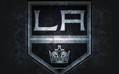Los Angeles Kings, &#233;quipe de hockey am&#233;ricaine, fond de pierre noire, logo des Kings de Los Angeles, art grunge, LNH, hockey, USA, embl&#232;me des Kings de Los Angeles