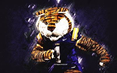 Mike le tigre, mascotte de l&#39;Universit&#233; d&#39;&#201;tat de Louisiane, mascotte de LSU Tigres, NCAA, LSU Tigres, fond de pierre violette
