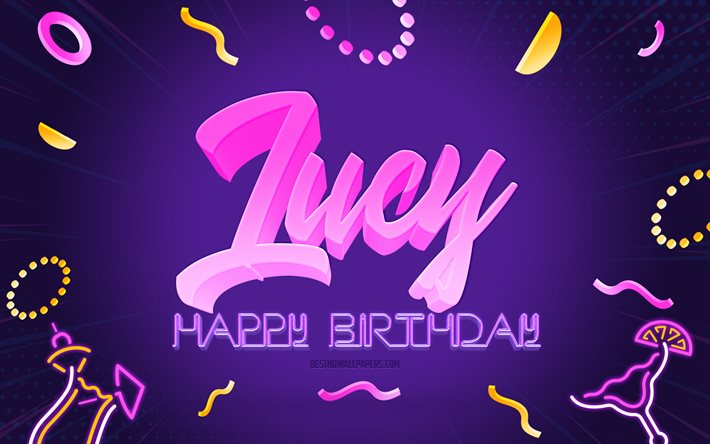 誕生日おめでとう, 4k, 紫のパーティーの背景, ルーシー, クリエイティブアート, ルーシーお誕生日おめでとう, ルーシー名, ルーシーの誕生日, 誕生日パーティーの背景