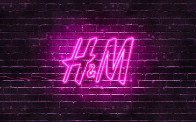 Logo viola H e M, 4k, brickwall viola, logo H e M, marchi di moda, logo neon H e M, H e M