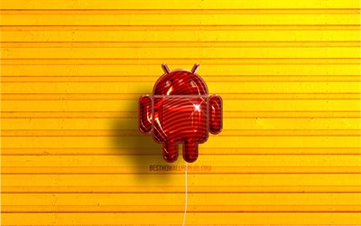 Logo Android, 4K, ballons r&#233;alistes rouges, OS, logo 3D Android, arri&#232;re-plans en bois jaune, Android