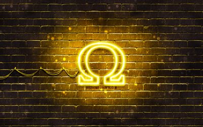 Logotipo amarelo Omega, 4k, parede de tijolos amarela, logotipo Omega, marcas de moda, logotipo Omega neon, Omega