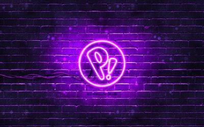 pop os violettes logo, 4k, violette brickwall, betriebssystem, pop os logo, linux, pop os neon logo, pop os