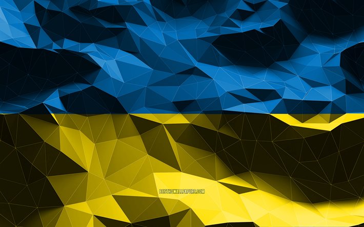 4k, bandeira ucraniana, arte low poly, pa&#237;ses europeus, s&#237;mbolos nacionais, bandeira da Ucr&#226;nia, bandeiras 3D, Ucr&#226;nia, Europa, bandeira 3D da Ucr&#226;nia