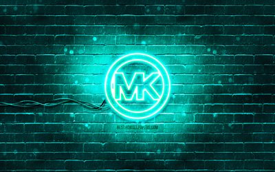 Michael Kors turkoosi logo, 4k, turkoosi tiilisein&#228;, Michael Kors logo, muotimerkit, Michael Kors neon logo, Michael Kors
