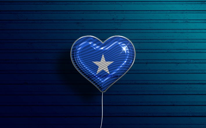 Somali Seviyorum, 4k, ger&#231;ek&#231;i balonlar, mavi ahşap arka plan, Afrika &#252;lkeleri, Somali bayrak kalbi, favori &#252;lkeler, Somali bayrağı, bayraklı balon, Somali, Aşk Somali