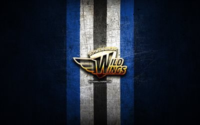 Schwenninger Wild Wings, golden logo, DEL, blue metal background, german hockey team, Deutsche Eishockey Liga, german hockey league, Schwenninger Wild Wings logo, hockey