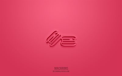 Macarons-3d-kuvake, vaaleanpunainen tausta, 3D-symbolit, Macarons, Leivonta-kuvakkeet, 3d-kuvakkeet, Macarons-merkki, Kakut 3d-kuvakkeet, vaaleanpunainen Macarons