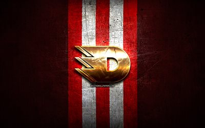 HC Dynamo Pardubice, kultainen logo, Extraliga, punainen metallitausta, tšekin j&#228;&#228;kiekkojoukkue, tšekin j&#228;&#228;kiekkoliiga, Dynamo Pardubice -logo, j&#228;&#228;kiekko, Dynamo Pardubice